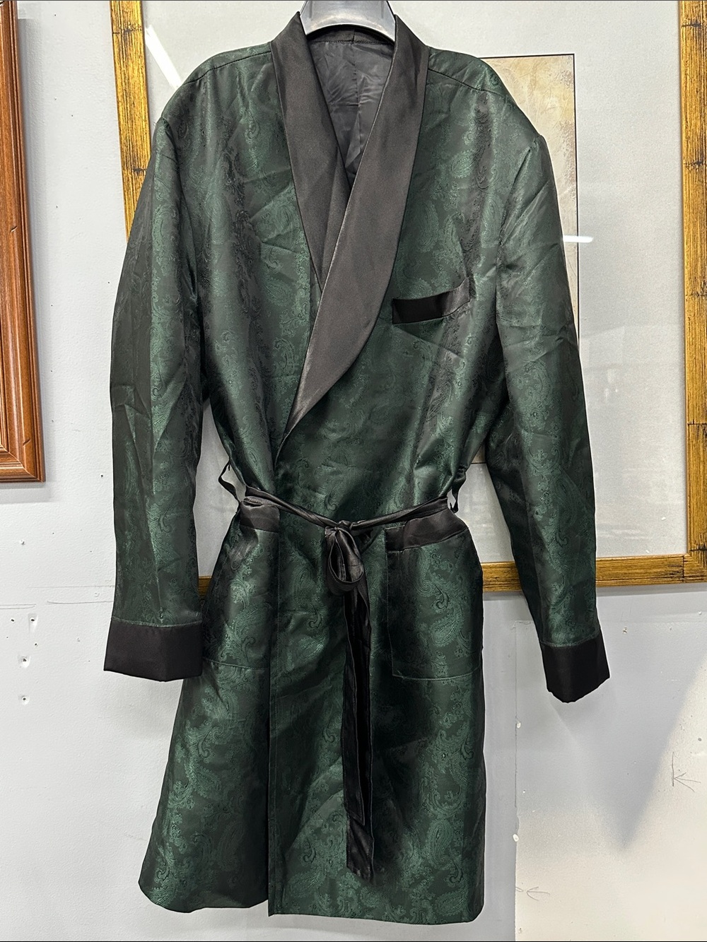 Men's Dark Green Shawl-Collar Smoking Jacket with Contrast Trim